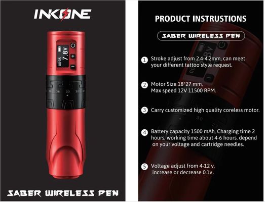 1500mAh ワイヤレス タトゥー銃 INKONE SABER コアレス タトゥーマシンペン 強力なモーター ロングストローク 4.2mm 航空機 アルミ サプライヤー